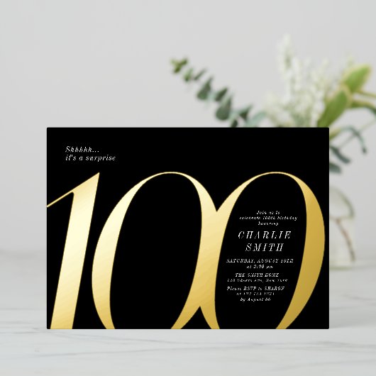 ミニマモダンリストの黒と金ゴールド100歳の誕生日 箔招待状 (立ち正面)