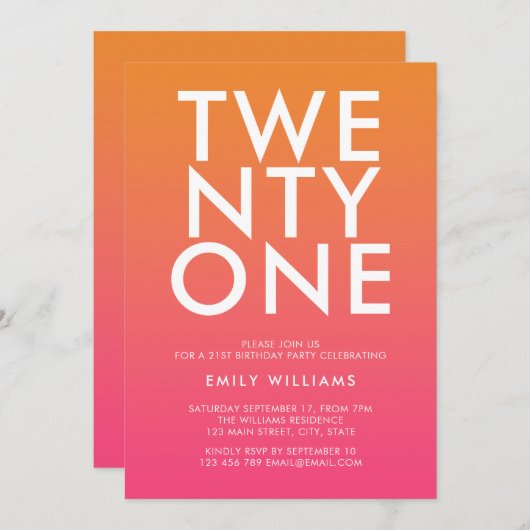 ミニマモダンリストはっきりしたタイポグラフィピンクオレンジ 招待状 (正面/裏面)