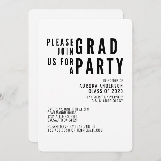ミニマモダンリストはっきりしたタイポグラフィ卒業パーティー 招待状 (正面/裏面)