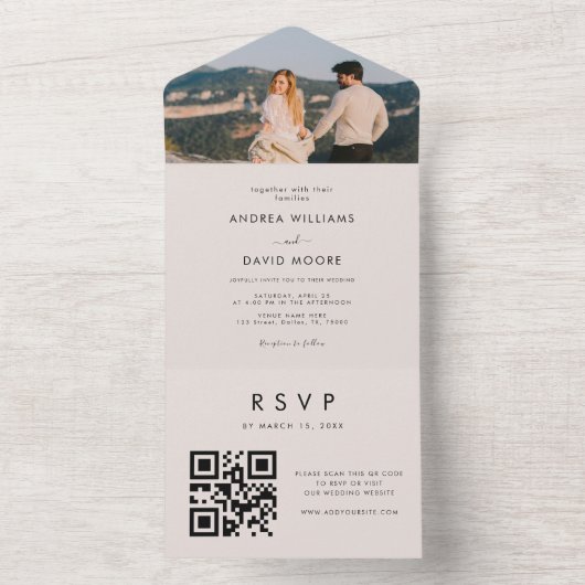 ミニマモダンリストアイボリー写真QRコードシック結婚ズ オールインワン招待状 (内側)