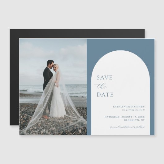 ミニマモダンリストアーチダスティブルー日付を保存 マグネット招待状 (正面/裏面)