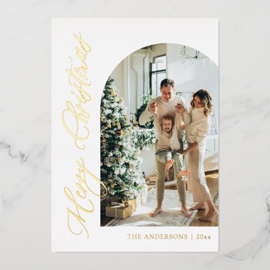 ミニマモダンリストアーチフォトメリークリスマス金ゴールド 箔シーズンカード (正面)