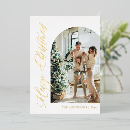 ミニマモダンリストアーチフォトメリークリスマス金ゴールド 箔シーズンカード (立ち正面)