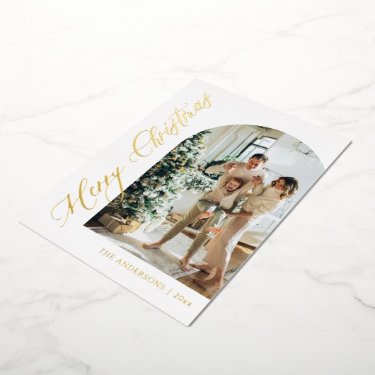 ミニマモダンリストアーチフォトメリークリスマス金ゴールド 箔シーズンカード (回転した状態)