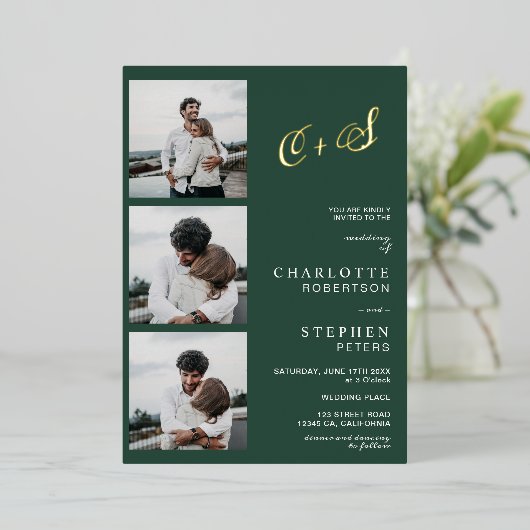 ミニマモダンリストイニシャルフォトグリーン金ゴールド箔 箔招待状 (立ち正面)