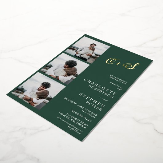 ミニマモダンリストイニシャルフォトグリーン金ゴールド箔 箔招待状 (回転した状態)