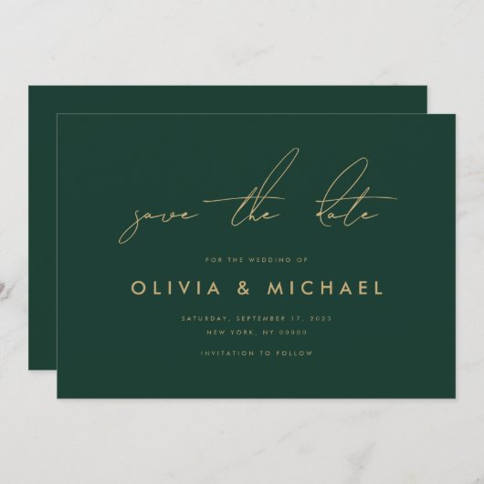 ミニマモダンリストエメラルドウェディング日付を保存 セーブザデート (正面/裏面)