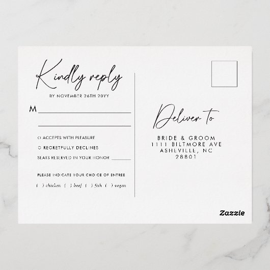 ミニマモダンリストエレガントグリーン金ゴールド結婚式RSVP 箔招待状ポストカード (裏面)