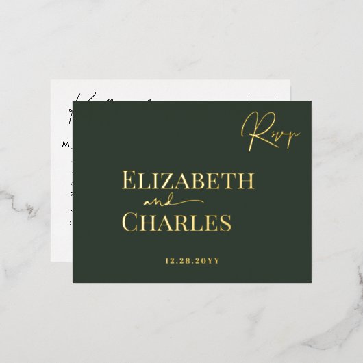 ミニマモダンリストエレガントグリーン金ゴールド結婚式RSVP 箔招待状ポストカード (正面/裏面)
