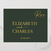 ミニマモダンリストエレガントグリーン金ゴールド結婚式RSVP 箔招待状ポストカード (正面)