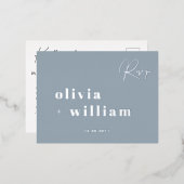 ミニマモダンリストエレガントダスティブルーシルバーRSVP 箔招待状ポストカード (正面/裏面)