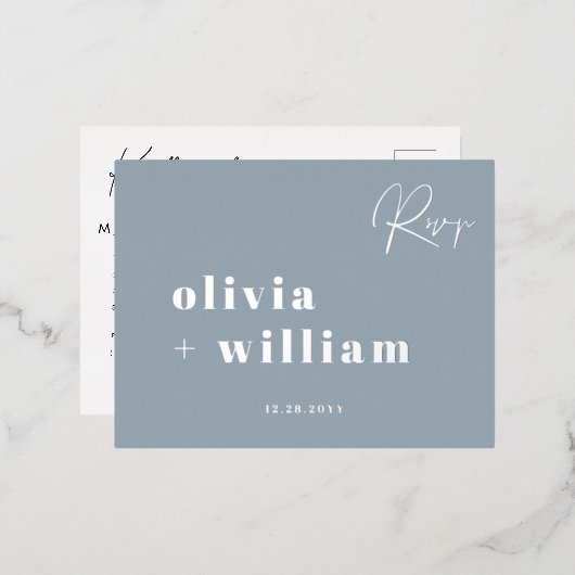 ミニマモダンリストエレガントダスティブルーシルバーRSVP 箔招待状ポストカード (正面/裏面)
