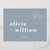 ミニマモダンリストエレガントダスティブルーシルバーRSVP 箔招待状ポストカード (正面)