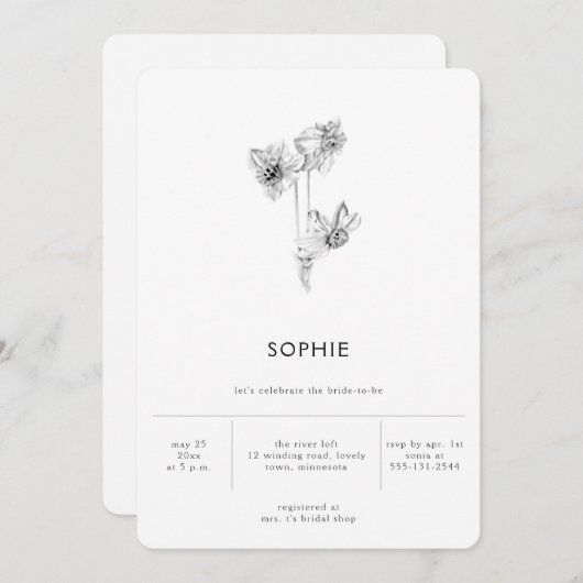 ミニマモダンリストエレガントダフォディルブライダルシャワー 招待状 (正面/裏面)