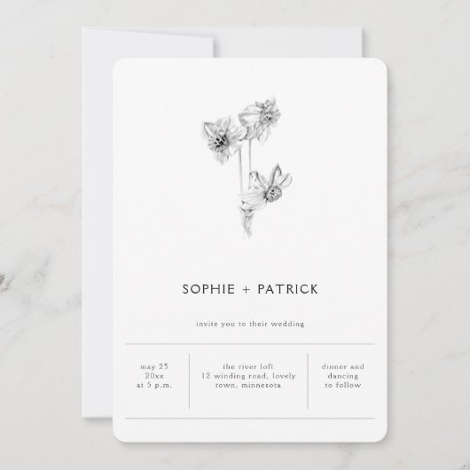 ミニマモダンリストエレガントダフォディル春の結婚式 招待状 (正面)