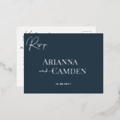 ミニマモダンリストエレガントネイビーブルーシルバーRSVP 箔招待状ポストカード (正面/裏面)