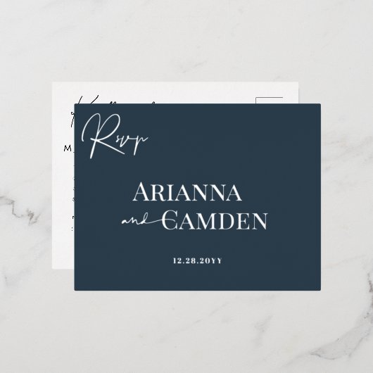ミニマモダンリストエレガントネイビーブルーシルバーRSVP 箔招待状ポストカード (正面/裏面)