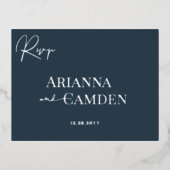 ミニマモダンリストエレガントネイビーブルーシルバーRSVP 箔招待状ポストカード (正面)