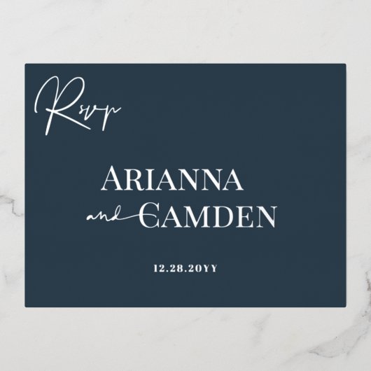 ミニマモダンリストエレガントネイビーブルーシルバーRSVP 箔招待状ポストカード (正面)