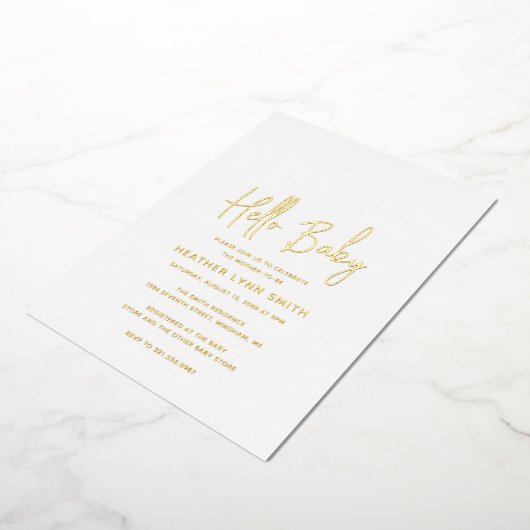 ミニマモダンリストエレガントハローベビーシャワー金ゴールド 箔招待状 (回転した状態)