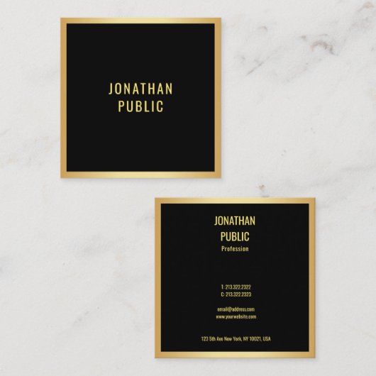 ミニマモダンリストエレガントブラックと金ゴールドテンプレート スクエア名刺 (正面/裏面)