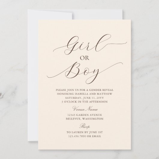 ミニマモダンリストエレガントベージュベビージェンダーの発表 招待状 (正面)