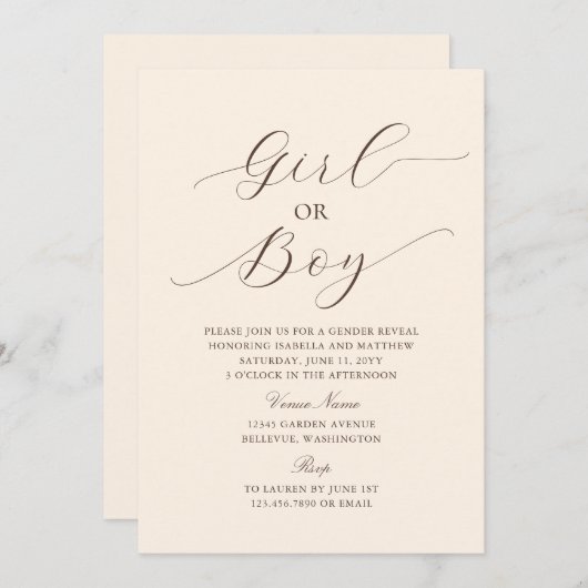 ミニマモダンリストエレガントベージュベビージェンダーの発表 招待状 (正面/裏面)