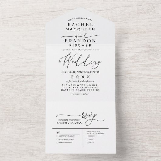 ミニマモダンリストエレガント白黒結婚ズ・オール オールインワン招待状 (内側)