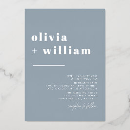ミニマモダンリストエレガント・ダストブルー結婚シルバー 箔招待状