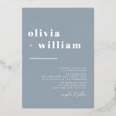 ミニマモダンリストエレガント・ダストブルー結婚シルバー 箔招待状 (正面)