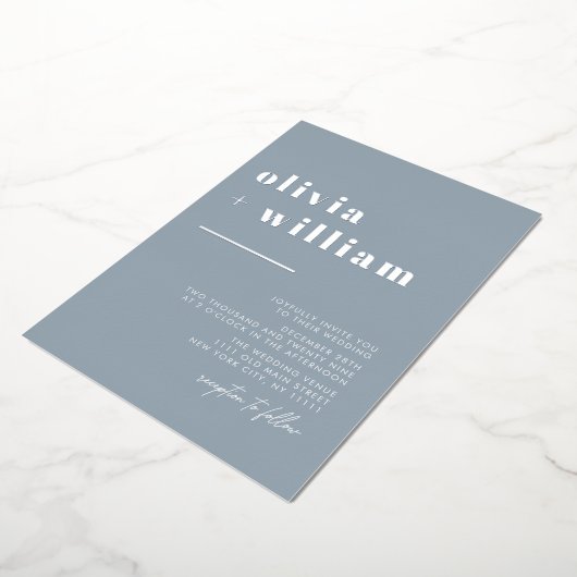 ミニマモダンリストエレガント・ダストブルー結婚シルバー 箔招待状 (回転した状態)