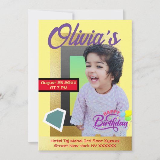 ミニマモダンリストカスタムフォトオールエイジ誕生日 招待状 (正面)