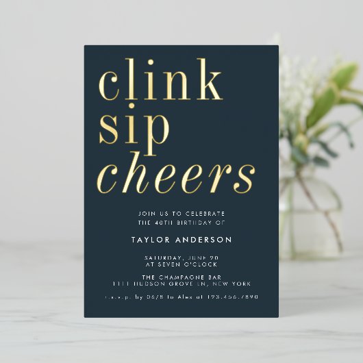 ミニマモダンリストグレー金ゴールド40th誕生日パーティー 箔招待状 (立ち正面)