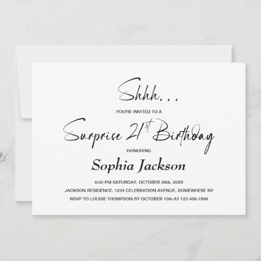 ミニマモダンリストサプライズ21歳の誕生日パーティー 招待状 (正面)