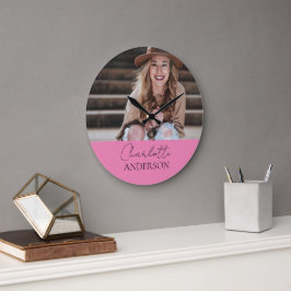 ミニマモダンリストシンプルの名前フォトピンク ラージ壁時計