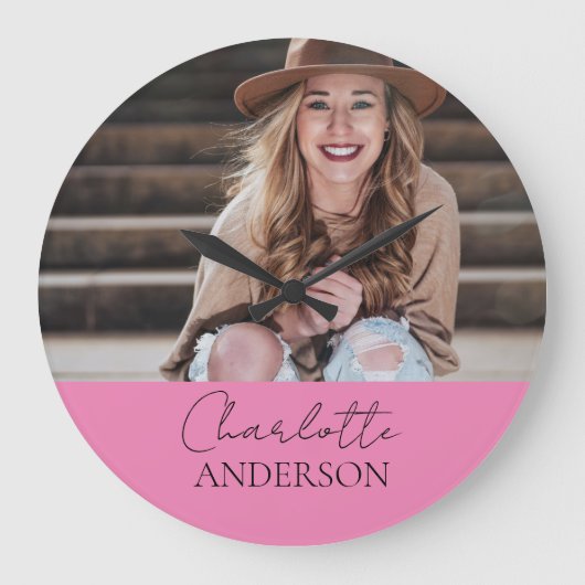 ミニマモダンリストシンプルの名前フォトピンク ラージ壁時計 (正面)