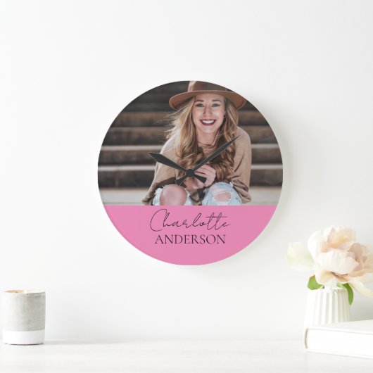 ミニマモダンリストシンプルの名前フォトピンク ラージ壁時計 (ホーム)