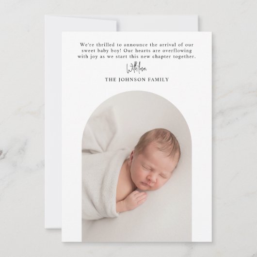 ミニマモダンリストシンプルの楕円形フォトベビー誕生 案内状 (裏面)