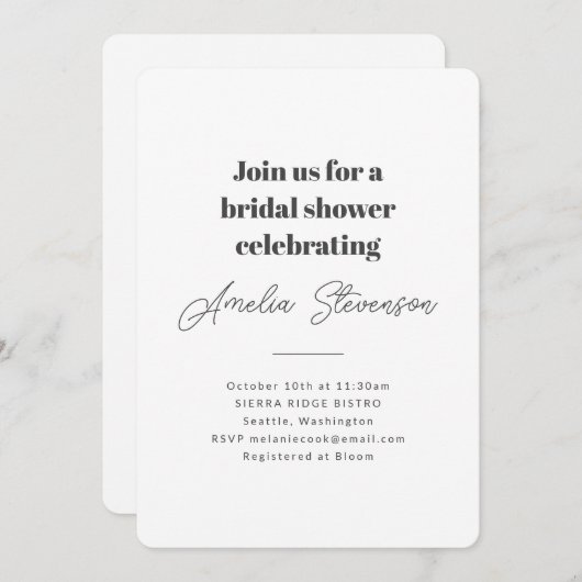 ミニマモダンリストシンプルブライダルシャワーホワイト 招待状 (正面/裏面)