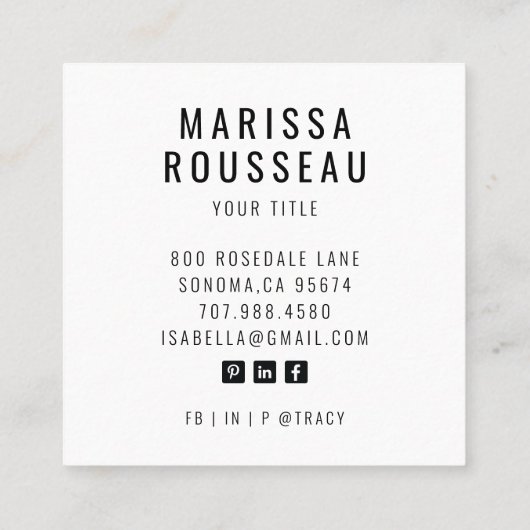 ミニマモダンリストシンプルプロフェッショナル写真 スクエア名刺 (裏面)