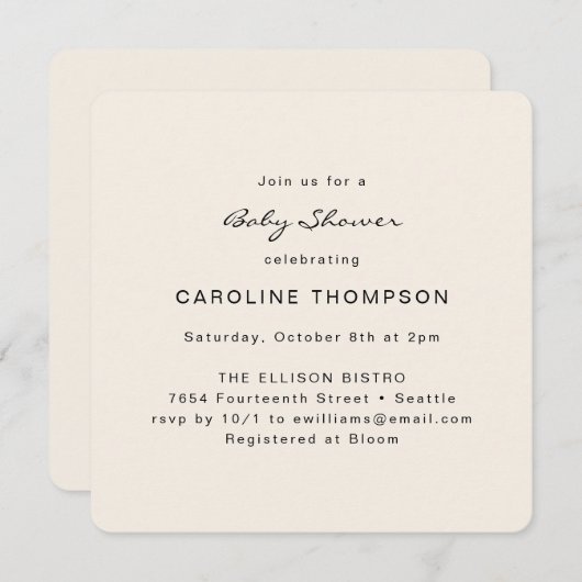 ミニマモダンリストシンプルベビーシャワーアイボリースクエア 招待状 (正面/裏面)
