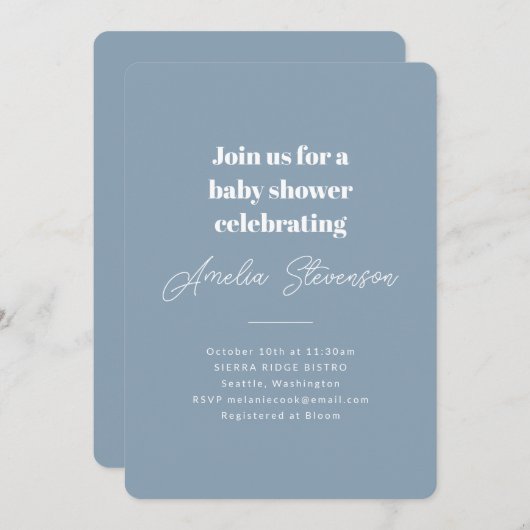 ミニマモダンリストシンプルベビーシャワーダスティブルー 招待状 (正面/裏面)