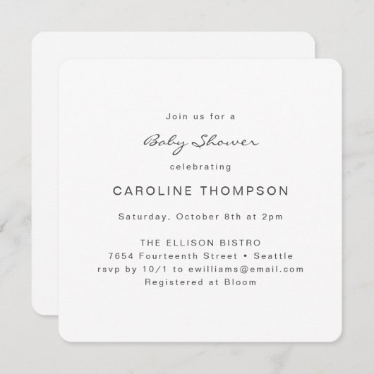 ミニマモダンリストシンプルベビーシャワーホワイトスクエア 招待状 (正面/裏面)