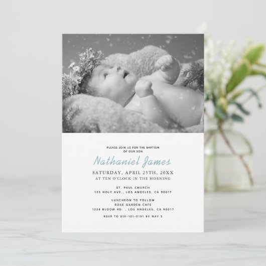 ミニマモダンリストストライプブルーの男の子写真バプテスマ 招待状 (スタンド正面)