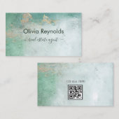ミニマモダンリストソフト風化ティール(緑がかった色)金ゴールドQRコード 名刺 (正面/裏面)