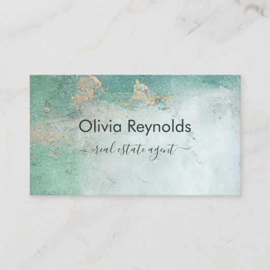 ミニマモダンリストソフト風化ティール(緑がかった色)金ゴールドQRコード 名刺 (正面)