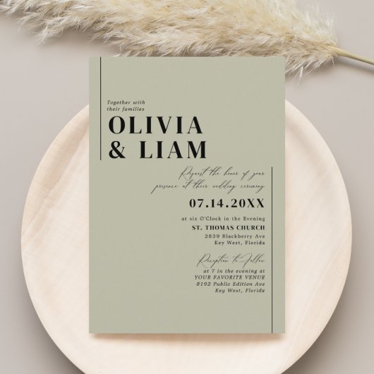 ミニマモダンリストタイポグラフィグリーン結婚セージ 招待状