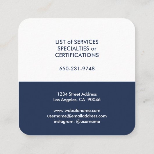 ミニマモダンリストタイポグラフィネイビーブルーとホワイト スクエア名刺 (裏面)