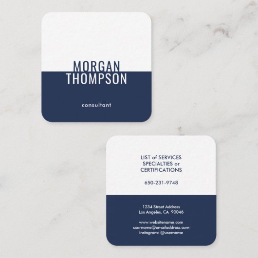 ミニマモダンリストタイポグラフィネイビーブルーとホワイト スクエア名刺 (正面/裏面)