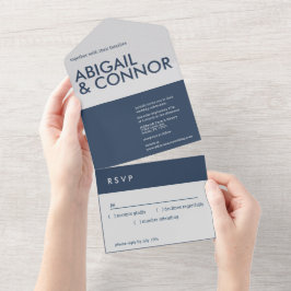 ミニマモダンリストタイポグラフィネイビーブルーグレー オールインワン招待状